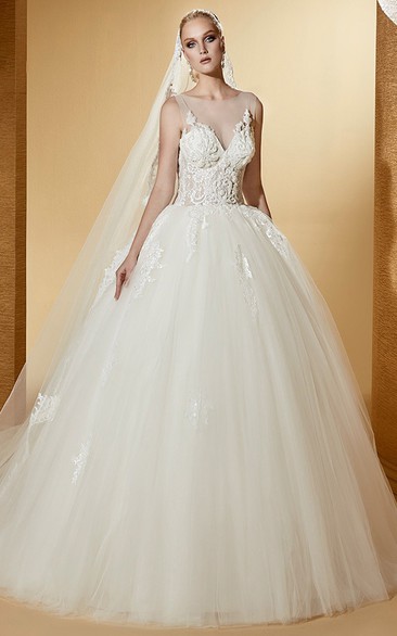 Illusion Cap sleeve Wedding Gown with Fine Appliques and Lace Corset