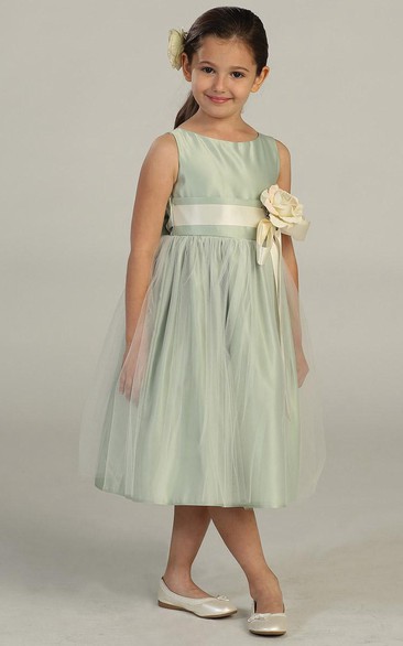 Tea-Length Tiered Tulle&Satin Flower Girl Dress