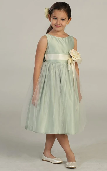 Tea-Length Tiered Tulle&Satin Flower Girl Dress