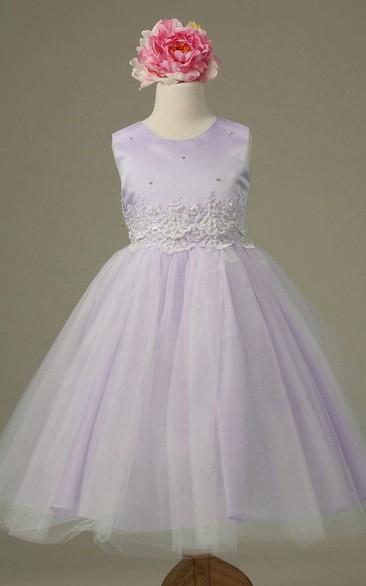 Tea-Length Floral Tiered Tulle&Lace Flower Girl Dress