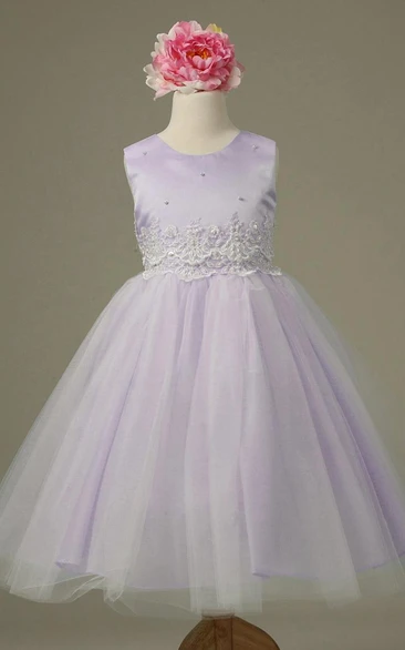 Tea-Length Floral Tiered Tulle&Lace Flower Girl Dress