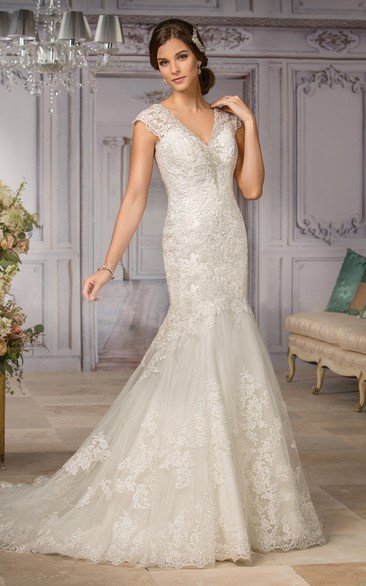 Cap-Sleeved V-Neck Mermaid Gown With Appliques And Illusion Back