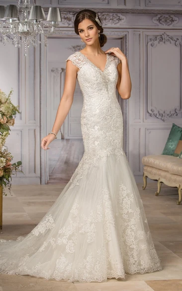 Cap-Sleeved V-Neck Mermaid Gown With Appliques And Illusion Back