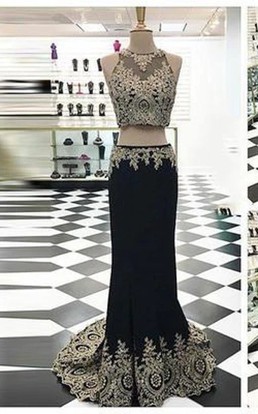 Jewel Neck A-Line Appliques Court Train Prom Dress