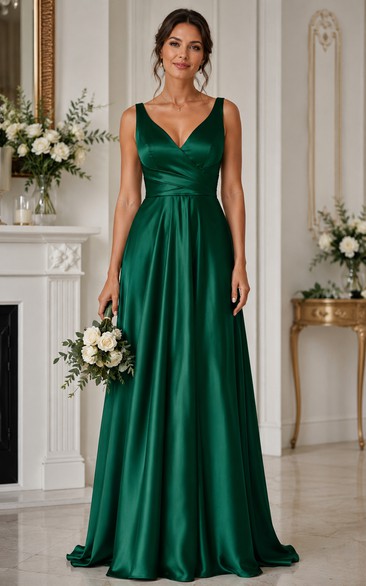 Dark Green Satin V-neck A-Line Bridesmaid Dress