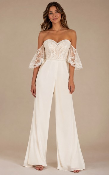 Boho Jumpsuit Wedding Dress Off Shoulder Sweetheart Lace Floor Length White