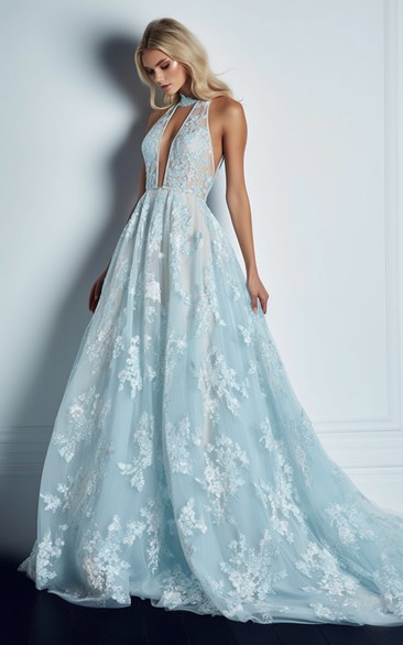 Sexy High-neck Sleeveless Plunged A-line Blue Formal Dress with Applique