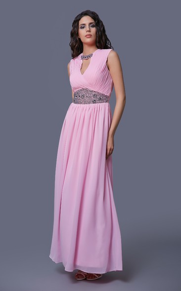 Sleeveless Long Chiffon Dress With Crystal Detailing and Ruching