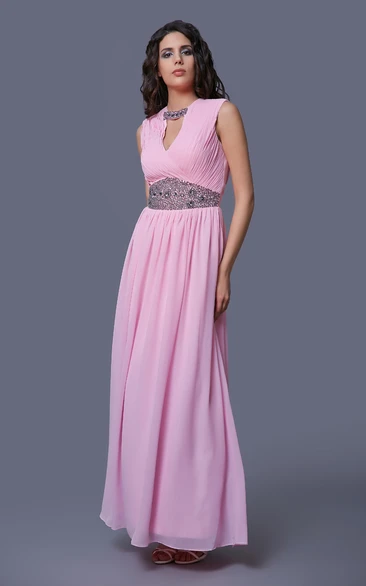 Sleeveless Long Chiffon Dress With Crystal Detailing and Ruching