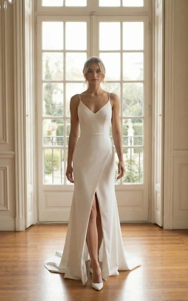 Simple Satin Wedding Dress with Spaghetti Straps V-Neck Front Slit Sweep Train