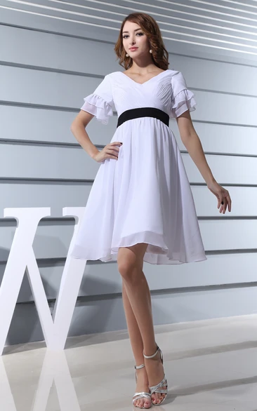 Adorable Short-Sleeve Midi Chiffon Dress With Ruching