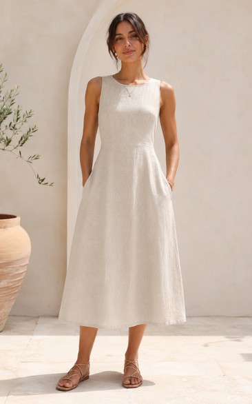 Ivory Sleeveless Casual Tea-Length A-Line Dress