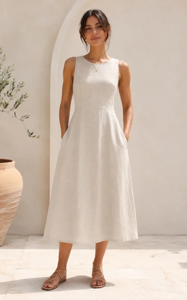 Ivory Sleeveless Casual Tea-Length A-Line Dress