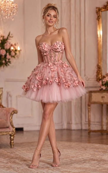 Pink Embroidered Ball Gown Mini Dress