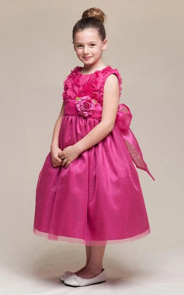 Floral Tea-Length Tiered Empire Tulle Flower Girl Dress With Embroidery