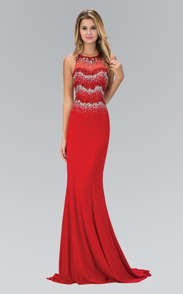 Sheath Long Scoop-Neck Sleeveless Jersey Sweep Train Dress With Beading