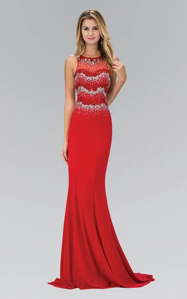 Sheath Long Scoop-Neck Sleeveless Jersey Sweep Train Dress With Beading