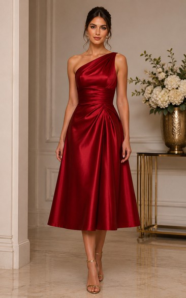 One-Shoulder Satin Tea-Length Formal Dress