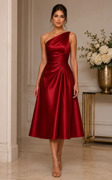 One-Shoulder Satin Tea-Length Formal Dress