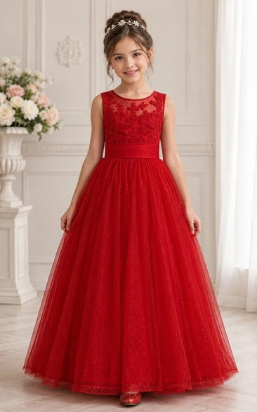 Red A-Line Lace Flower Girl Dress with Bow Sash