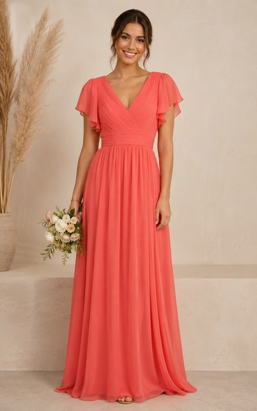 Coral V-neck Short Sleeve A-Line Chiffon Bridesmaid Dress
