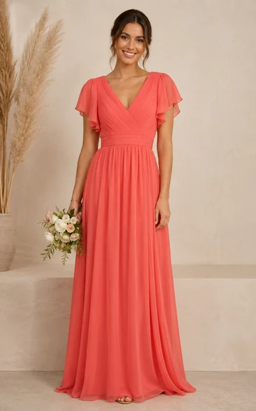 Coral V-neck Short Sleeve A-Line Chiffon Bridesmaid Dress