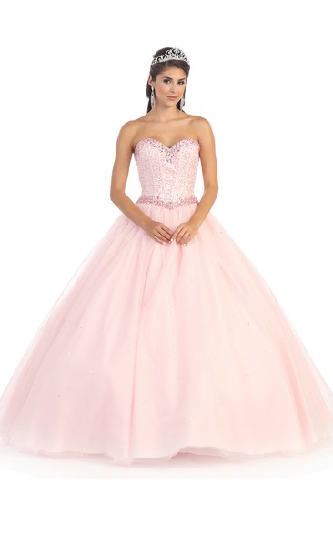 Ball Gown Long Sweetheart Sleeveless Tulle Dress With Beading