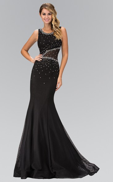 Sheath Maxi Scoop-Neck Sleeveless Illusion Dress With Beading And Ruffles