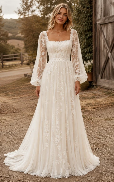 Square Neck Long Sleeve Boho Lace Country Wedding Dress with Sweep Train