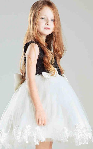 Flower Girl Beading Neck Tulle Short Dress With Lace And Bow