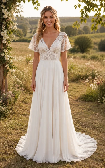 Ivory V-neck Chiffon A-line Wedding Dress with Lace