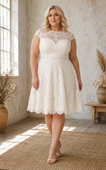 Robe de mariée grande taille en dentelle, manches courtes, longueur thé, jupe ample