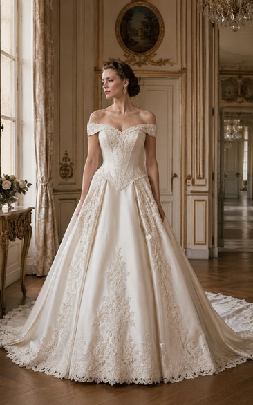 Off-the-Shoulder Lace Ball Gown Vintage Wedding Dress