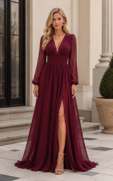 Burgunderfarbenes Chiffon-Abendkleid mit V-Ausschnitt, langen Ärmeln und Schlitz