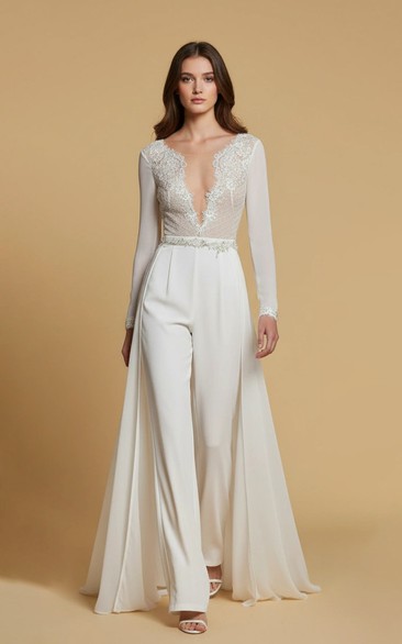 V-Neck Lace Corset Wide Leg Wedding Jumpsuit with Waist Ornament