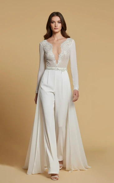 V-Neck Lace Corset Wide Leg Wedding Jumpsuit with Waist Ornament