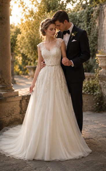 Vestido de novia estilo imperio con falda de gasa plisada, fruncida y cola larga, adornado con cuentas.