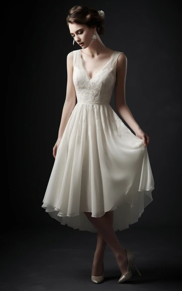 Sleeveless V-neck A-line High-low Tea-length Lace Pleated Wedding Dress