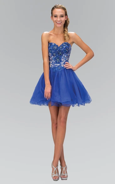 A-Line Short Sweetheart Sleeveless Tulle Lace-Up Dress With Beading And Appliques