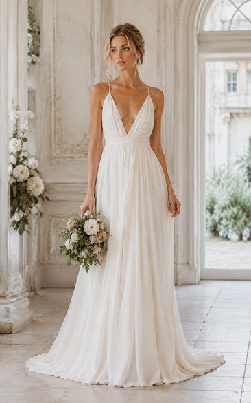 Elfenbeinfarbenes Chiffon-Brautkleid in A-Linie mit tiefem V-Ausschnitt