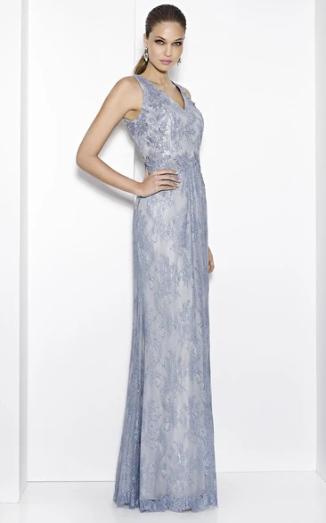 Sheath Long Sleeveless V-Neck Appliqued Lace Prom Dress With Cape