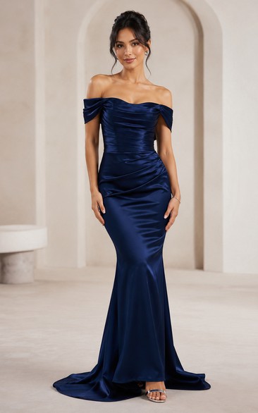 Mermaid Satin Evening Dress with Off-the-shoulder, Short Sleeve and Ruching Drape, Floor Length