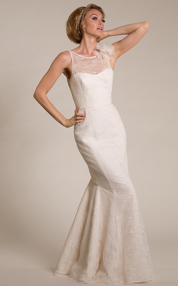 Sheath Long Scoop-Neck Sleeveless Floral Lace Wedding Dress