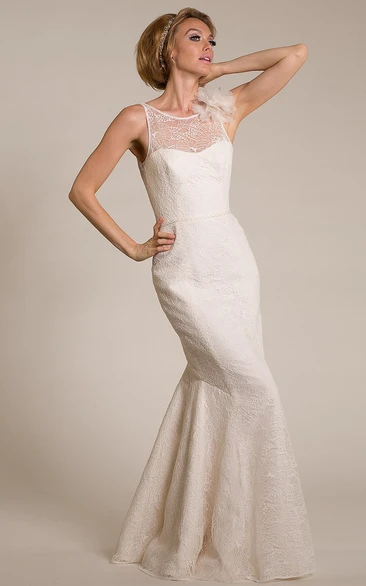 Sheath Long Scoop-Neck Sleeveless Floral Lace Wedding Dress
