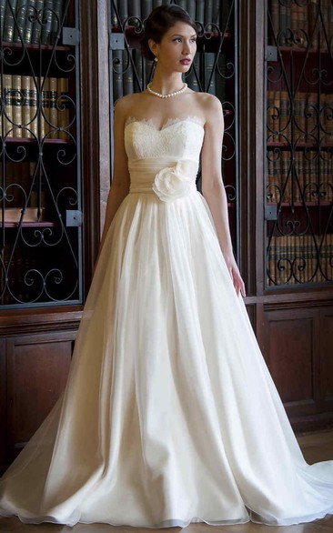 A-Line Sweetheart Floor-Length Tulle&Satin Wedding Dress With Flower