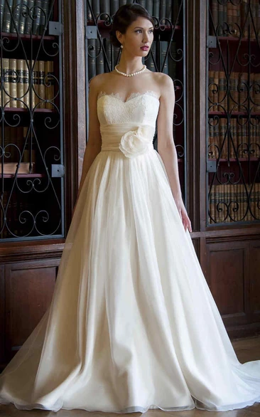 A-Line Sweetheart Floor-Length Tulle&Satin Wedding Dress With Flower