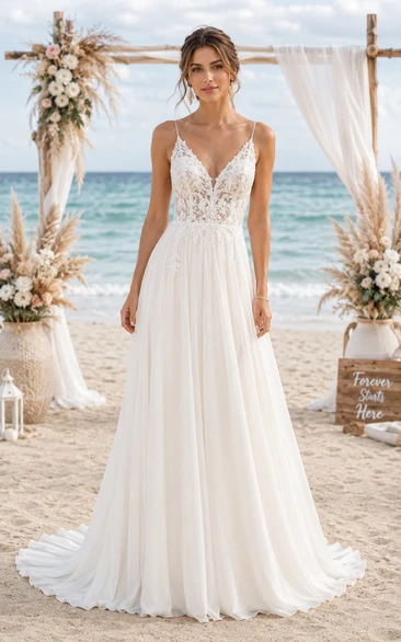 Boho A-Line Lace Wedding Dress with Spaghetti Straps and Soft Tulle Train