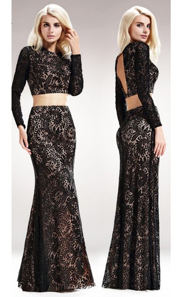 Two-Piece Trumpet Floor-Length Scoop-Neck Long Sleeve Lace Keyhole Dress