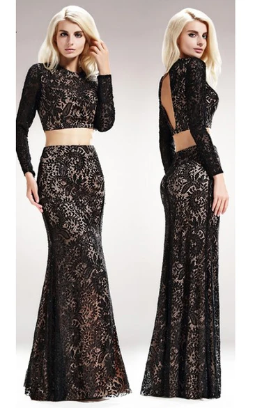 Two-Piece Trumpet Floor-Length Scoop-Neck Long Sleeve Lace Keyhole Dress