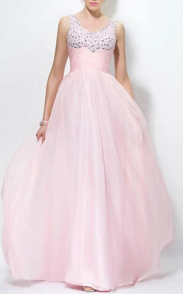 Dramatic Straps Beading V-Neck Zipper-Up A-Line Floor Length Prom Dress ed Independently